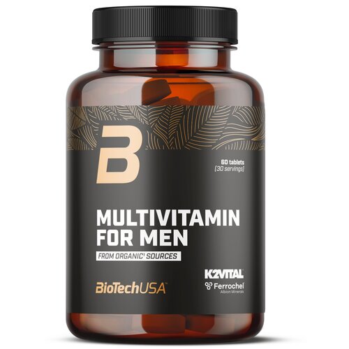 Brązowa butelka z czarną etykietą zawiera napisy: "B", "60 tablets (30 servings)", "MULTIVITAMIN FOR MEN", "FROM ORGANIC SOURCES", "BioTechUSA", "K2VITAL", "Ferrochel Albion Minerals".