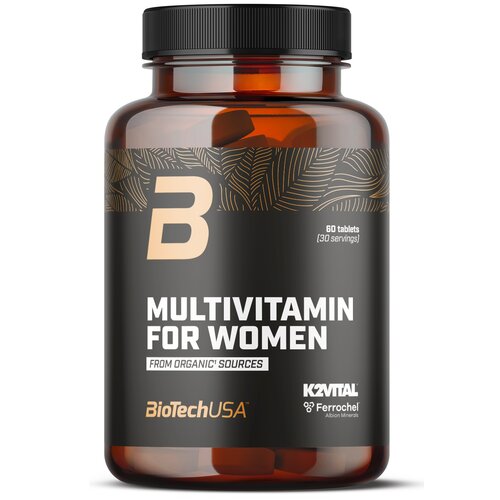 Brązowa butelka z czarną etykietą zawiera napisy: "B", "60 tablets (30 servings)", "MULTIVITAMIN FOR WOMEN", "FROM ORGANIC SOURCES", "BioTechUSA", "K2VITAL", "Ferrochel Albion Minerals".