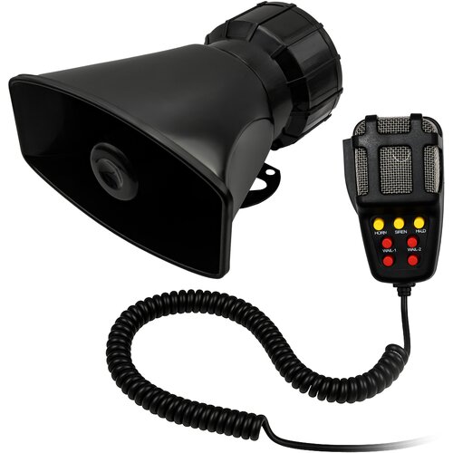 Czarny megafon z mikrofonem na kablu spiralnym, posiadający przyciski oznaczone jako "HORN", "SIREN", "HOLD", "WAIL-1" i "WAIL-2". Mikrofon ma siatkową osłonę i cztery żółte oraz dwa czerwone przyciski.