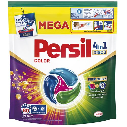 Opakowanie kapsułek do prania "Persil Discs 4 in 1 Color - 60 szt." z dużym napisem "MEGA" oraz grafiką przedstawiającą kapsułkę w kolorach niebieskim, zielonym, czerwonym i białym. Na opakowaniu znajdują się również informacje: "Deep Clean", "Clean Laund