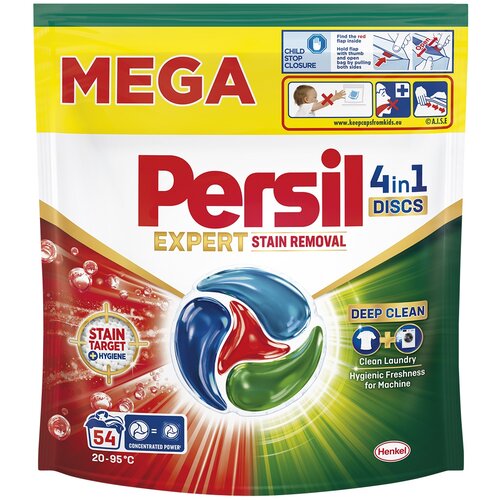 Opakowanie kapsułek do prania z napisem "Persil 4in1 Discs Expert Stain Removal" oraz grafiką przedstawiającą kapsułkę w kolorach niebieskim, czerwonym i zielonym. Na opakowaniu widnieją również napisy: "MEGA", "54", "Deep Clean", "Stain Target Hygiene", 