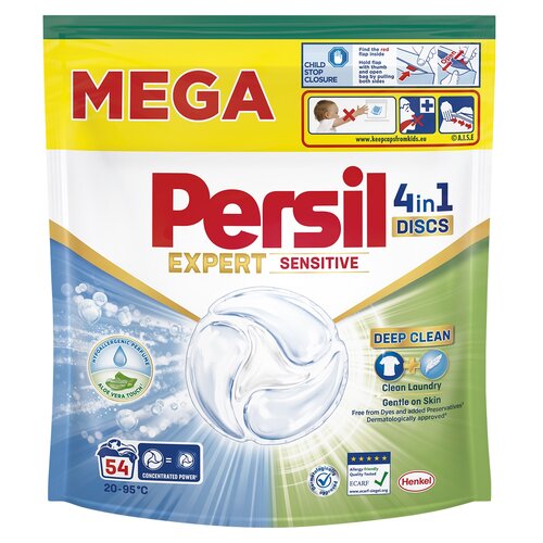 Opakowanie kapsułek do prania z napisem "Persil 4in1 Discs Expert Sensitive" zawiera 54 sztuki i jest oznaczone jako "MEGA". Na opakowaniu znajdują się informacje o hipoalergicznej formule, dotyku aloesu, oraz instrukcje dotyczące zabezpieczenia przed dzi