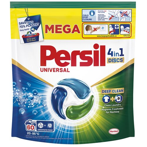 Opakowanie kapsułek do prania Persil Discs 4 in 1 Universal z napisem "MEGA" i grafiką przedstawiającą kapsułki w kolorach niebieskim, zielonym i białym. Widoczne są również informacje: "DEEP CLEAN", "60", "20-95°C", "SAVE UP TO 70% PLASTIC", "CHILD STOP 