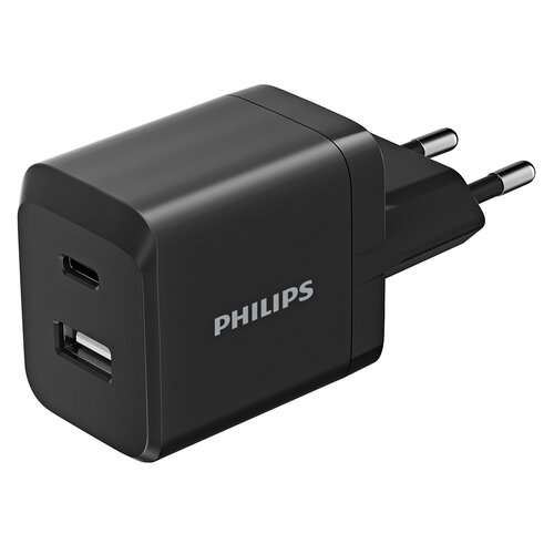 Czarna ładowarka sieciowa z dwoma portami USB, na której widnieje logo "PHILIPS". Produkt ma klasyczny design z wtyczką do gniazdka elektrycznego.