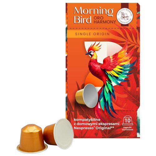 Opakowanie kapsułek do ekspresu z napisem "Morning Bird Oro Harmony" oraz "Single Origin", ozdobione kolorowym wizerunkiem ptaka. Na dole widnieje tekst: "kompatybilne z domowymi ekspresami Nespresso® Original**", a obok znajduje się symbol 10 kapsułek aluminiowych.