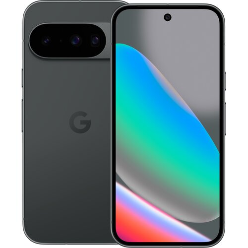 Na zdjęciu widoczny jest smartfon z dużym wyświetlaczem, na którym widać kolorowy gradient, oraz tylną obudową w ciemnym kolorze z logo "G". Aparat z trzema obiektywami znajduje się w górnej części tylnej obudowy.