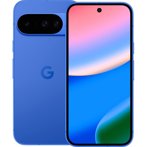 Na zdjęciu widoczny jest smartfon w kolorze indygo z dużym wyświetlaczem, na którym widać gradientowe tło w odcieniach różu, niebieskiego i zielonego. Na tylnej obudowie znajduje się logo "G" oraz moduł aparatu z trzema obiektywami.