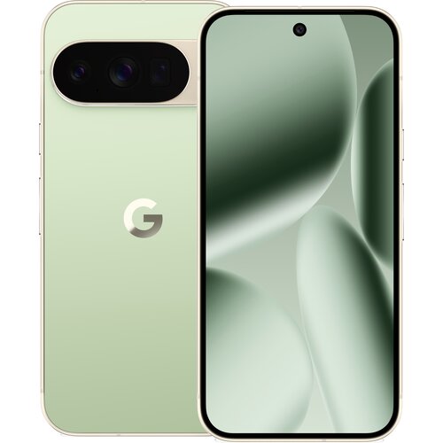 Na zdjęciu widoczny jest smartfon w kolorze jadeitowym z dużym ekranem i okrągłym wycięciem na aparat z przodu. Na tylnej obudowie znajduje się logo "G" oraz prostokątny moduł aparatu z trzema obiektywami.
