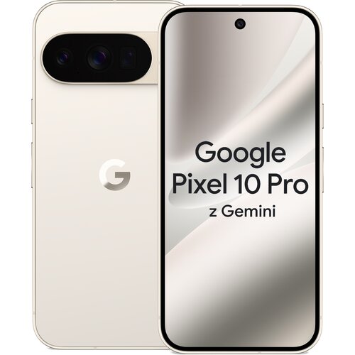 Na zdjęciu widoczny jest smartfon w kolorze porcelanowym z dużym ekranem, na którym wyświetlony jest napis "Google Pixel 10 Pro z Gemini". Obok ekranu znajduje się tylna część urządzenia z logo "G" oraz podwójnym aparatem fotograficznym.