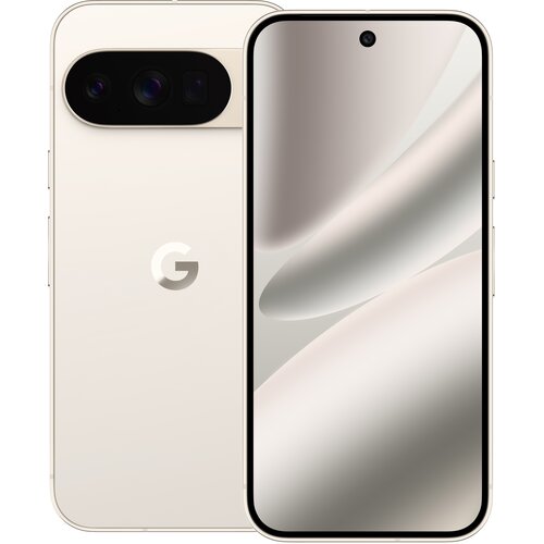 Smartfon w kolorze porcelanowym z dużym ekranem, na którym widoczne są abstrakcyjne wzory w odcieniach szarości. Na tylnej obudowie znajduje się logo "G" oraz prostokątny moduł z trzema obiektywami aparatu.