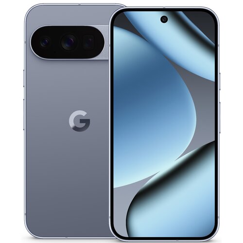Szary smartfon z dużym wyświetlaczem, na którym widoczna jest abstrakcyjna grafika w odcieniach niebieskiego. Na tylnej obudowie znajduje się logo "G" oraz podwójny aparat fotograficzny.