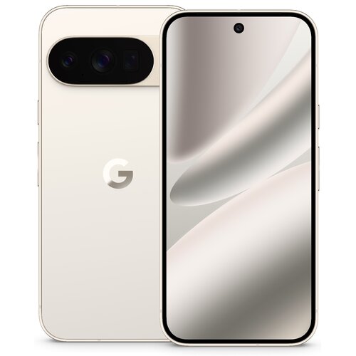 Porcelanowy smartfon z dużym ekranem, na którym widoczny jest abstrakcyjny wzór, obok tylnej części z logo "G" i trzema obiektywami aparatu w poziomym układzie.