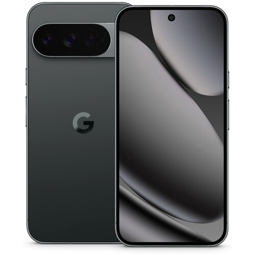 Na zdjęciu widoczny jest smartfon w kolorze ciemnym, z dużym ekranem i okrągłym wycięciem na aparat z przodu. Na tylnej obudowie znajduje się logo "G" oraz poziomy moduł aparatu z trzema obiektywami.