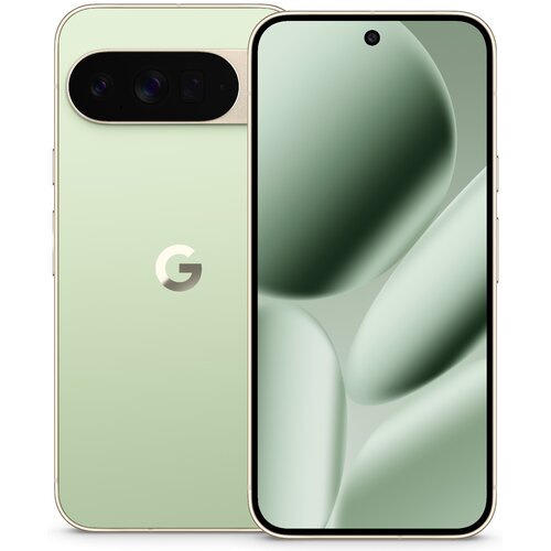 Jadeitowy smartfon z dużym ekranem, na którym widoczny jest abstrakcyjny wzór w odcieniach zieleni. Na tylnej obudowie znajduje się logo "G" oraz prostokątny moduł z trzema obiektywami aparatu.