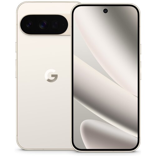 Smartfon w kolorze porcelanowym z dużym wyświetlaczem, na którym widoczny jest abstrakcyjny wzór. Na tylnej obudowie znajduje się logo "G" oraz moduł z trzema aparatami.