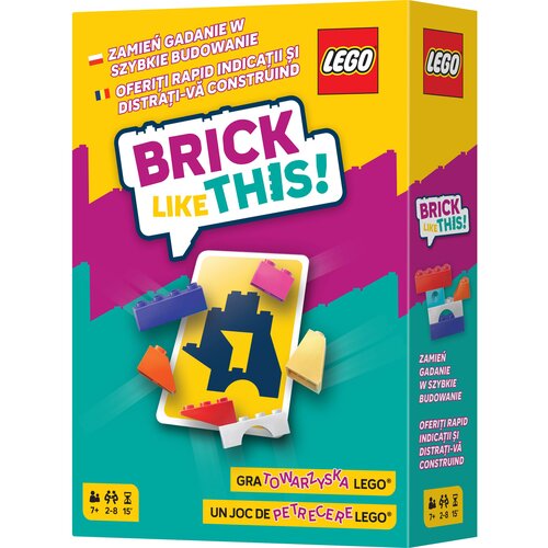 Pudełko gry karcianej z kolorowym tłem, na którym widnieje napis "BRICK LIKE THIS!" oraz logo LEGO. Na opakowaniu znajdują się także napisy: "Zamień gadanie w szybkie budowanie" i "Gra towarzyska LEGO", a także ilustracje klocków.