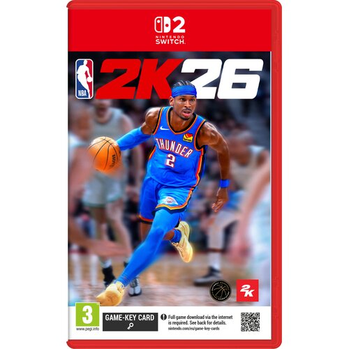 Okładka gry "NBA 2K26" na konsolę Nintendo Switch przedstawia koszykarza w niebieskim stroju z numerem 2, trzymającego piłkę do koszykówki. Na dole okładki znajdują się oznaczenia: "3" z logo PEGI, "GAME-KEY CARD", oraz informacja o konieczności pobrania 
