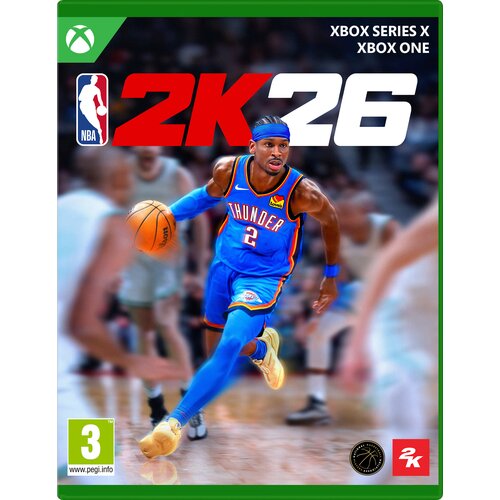 Okładka gry "NBA 2K26" na konsole XBOX ONE i XBOX Series X przedstawia koszykarza w niebieskim stroju z piłką do koszykówki. Na górze widnieje duży napis "2K26" oraz logo NBA, a w dolnym rogu znajduje się oznaczenie wiekowe 3+ i logo producenta.