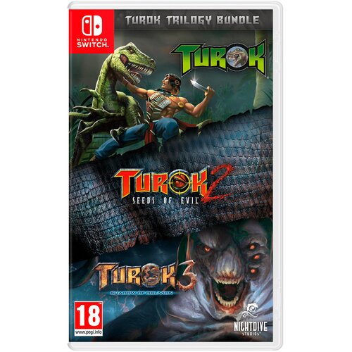 Okładka gry "Turok Trilogy Bundle" na konsolę Nintendo Switch przedstawia trzy różne grafiki związane z grami z serii Turok. Na górze widnieje logo "Turok", poniżej "Turok 2: Seeds of Evil", a na dole "Turok 3: Shadow of Oblivion", z oznaczeniem wiekowym 