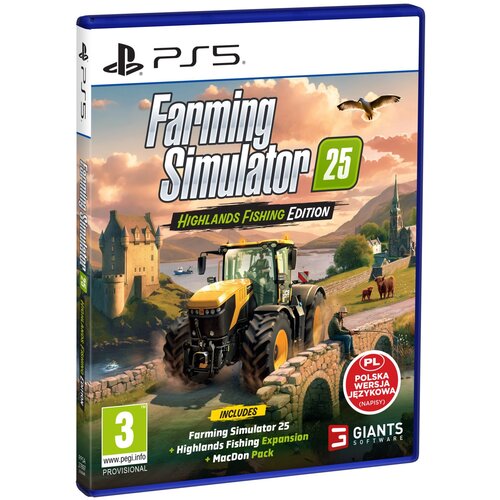 Okładka gry "Farming Simulator 25: Highlands Fishing Edition" na PS5 przedstawia krajobraz z traktorem na kamiennym moście, w tle zamek, jezioro i góry. Na okładce widnieją napisy: "Farming Simulator 25", "Highlands Fishing Edition", "PL Polska wersja jęz
