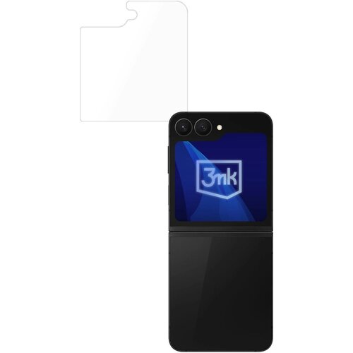Przedstawione zdjęcie ukazuje przezroczystą folię ochronną oraz złożony smartfon z widocznym logo "3mk" na ekranie. Folia jest przeznaczona do modelu Samsung Galaxy Z Flip 6/7 FE.