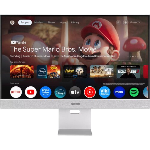 Monitor wyświetla ekran z interfejsem Google TV, na którym widoczny jest film "The Super Mario Bros. Movie" oraz lista aplikacji takich jak Netflix, YouTube, Prime Video, Disney+, Apple TV, i inne. Na dolnej ramce monitora znajduje się logo ASUS.