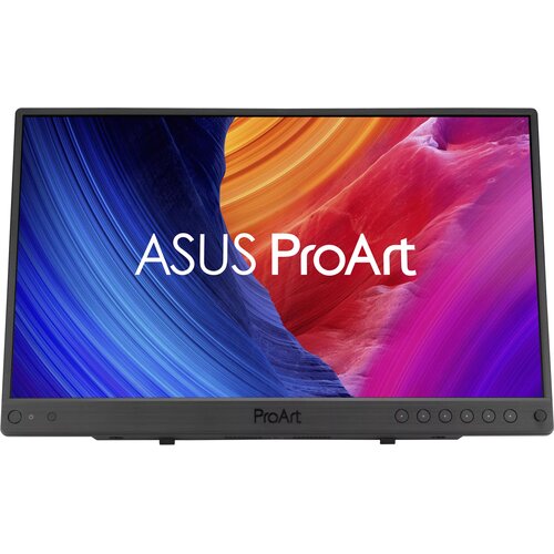 Monitor ASUS ProArt PA16USV 15.6" wyświetla kolorową grafikę z dominującymi odcieniami niebieskiego, pomarańczowego, czerwonego i fioletowego. Na ekranie widoczny jest biały napis "ASUS ProArt", a na dolnej ramce znajduje się logo "ProArt".