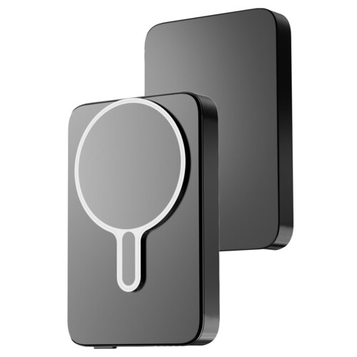 Na zdjęciu widoczne są dwa szare powerbanki o prostokątnym kształcie, z czego jeden ma na powierzchni okrągły wzór przypominający symbol MagSafe. Oba urządzenia mają gładką, błyszczącą powierzchnię.