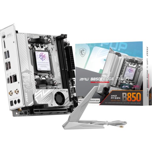 Na zdjęciu znajduje się płyta główna z oznaczeniami "MSI" i "MPG B850I Edge Ti WiFi", obok której widoczne jest opakowanie z grafiką produktu i napisem "AMD Ryzen Socket AM5 B850". W dolnej części zdjęcia znajduje się antena z kablem, również z logo "MSI".