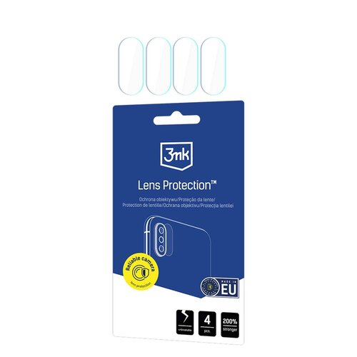 Opakowanie produktu "3mk Lens Protection" w kolorze niebieskim z białymi napisami, zawiera cztery przezroczyste osłony na obiektyw. Na opakowaniu widnieją napisy: "Ochrona obiektywu/O Proteção da lente/Protection de lentille/Ochrana objektivu/Protecția le