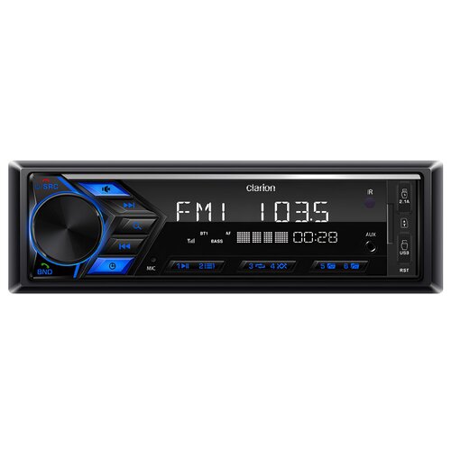 Czarne radio samochodowe z wyświetlaczem LED pokazującym "FM 103.5" oraz czas "00:28", z widocznymi przyciskami funkcyjnymi i pokrętłem. Na panelu znajduje się logo "Clarion" oraz oznaczenia takie jak "SRC", "BND", "AUX", "USB" i "RST".