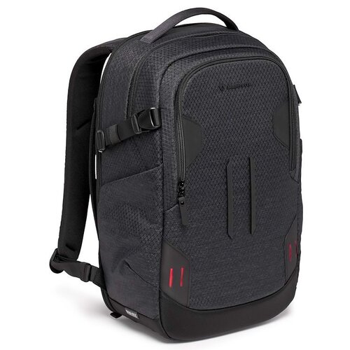 Czarny plecak z teksturowanego materiału, z kilkoma zamkami błyskawicznymi i czerwonymi akcentami, posiada logo "Manfrotto" na górnej części. Plecak ma regulowane paski i boczne kieszenie.