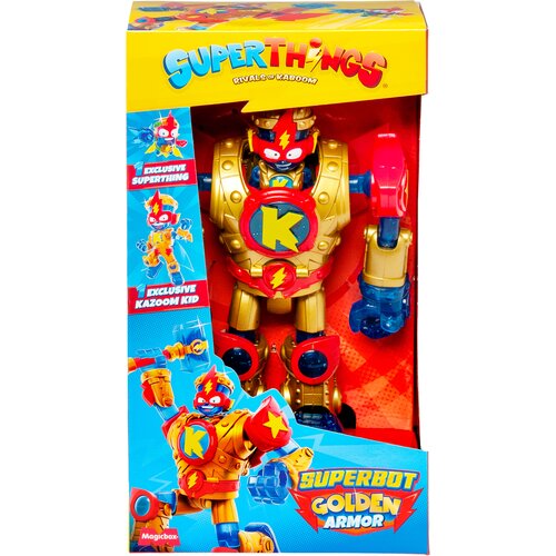 Opakowanie zestawu figurek "SuperThings Kazoom Power Superbot Golden Armor" przedstawia dużą, złotą figurkę robota z czerwonymi i niebieskimi elementami oraz literą "K" na piersi. Na opakowaniu widnieją napisy: "SUPERTHINGS Rivals of Kaboom", "EXCLUSIVE S