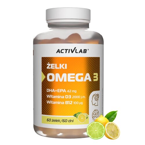 Przezroczysty słoik z białą nakrętką zawiera żelki, a na etykiecie widnieje napis: "ACTIVLAB ŻELKI OMEGA 3 DHA+EPA 42 mg, Witamina D3 2000 j.m., Witamina B12 100 µg, 60 żelek/60 dni". Obok słoika znajdują się ilustracje limonki i cytryny.