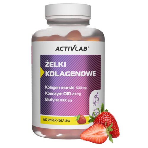 Plastikowy słoik z białą zakrętką zawiera żelki kolagenowe marki ACTIVLAB o smaku truskawkowym, z etykietą informującą o składnikach: kolagen morski 500 mg, koenzym Q10 20 mg, biotyna 1000 µg. Na etykiecie widnieje napis "60 żelek/60 dni" oraz grafika prz