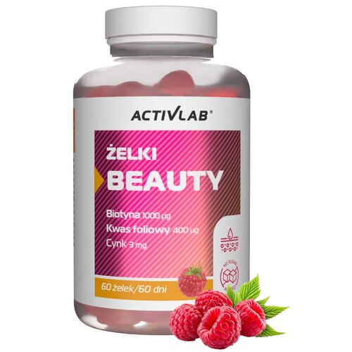 Plastikowe opakowanie z etykietą zawierającą tekst: "ACTIVLAB ŻELKI BEAUTY Biotyna 1000 µg, Kwas foliowy 400 µg, Cynk 3 mg, 60 żelek/60 dni". Na dole etykiety widnieje grafika malin oraz ikony oznaczające brak cukru i wegańskość.