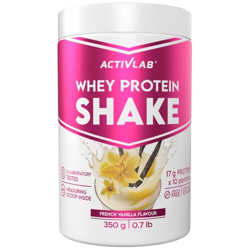 Biały pojemnik z różową etykietą, na której widnieje napis "ACTIVLAB Whey Protein Shake" oraz grafika wanilii. Na etykiecie znajdują się informacje: "17 g PROTEIN x 10 portions", "350 g 0.7 lb", "3x LABORATORY TESTED", "MEASURING SCOOP INSIDE", "LACTOSE F