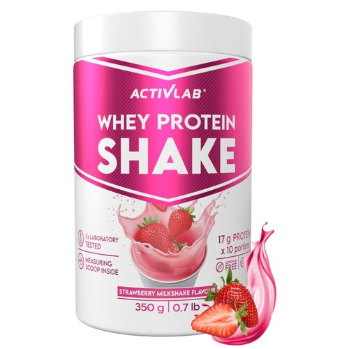 Pojemnik z różową etykietą zawiera napis "ACTIVLAB Whey Protein Shake" oraz grafikę truskawkowego koktajlu mlecznego z truskawkami. Na etykiecie widnieją informacje: "3x Laboratory Tested", "Measuring Scoop Inside", "17 g Protein x 10 Portions", "Aspartam