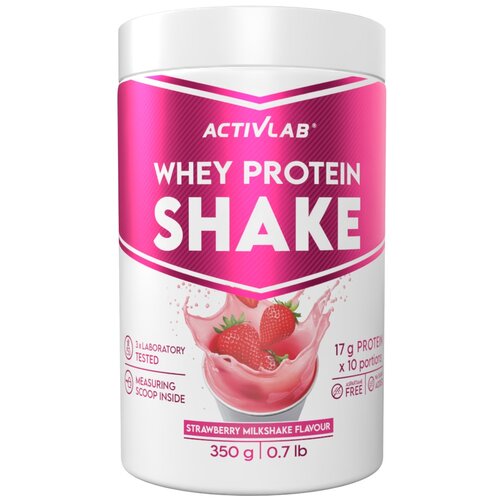 Pojemnik z odżywką białkową marki ACTIVLAB o smaku truskawkowego koktajlu mlecznego, zawiera 350 g produktu. Na etykiecie widnieją napisy: "WHEY PROTEIN SHAKE", "17 g PROTEIN x 10 portions", "GLUTEN FREE", "3x LABORATORY TESTED", "MEASURING SCOOP INSIDE",