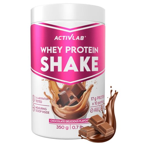 Biały pojemnik z różową etykietą zawiera napisy: "ACTIVLAB Whey Protein Shake", "Chocolate Delicious Flavour", "350 g | 0.7 lb", "17 g Protein x 10 portions", "3x Laboratory Tested", "Measuring Scoop Inside", "Lactose Free". Na etykiecie widoczna jest gra