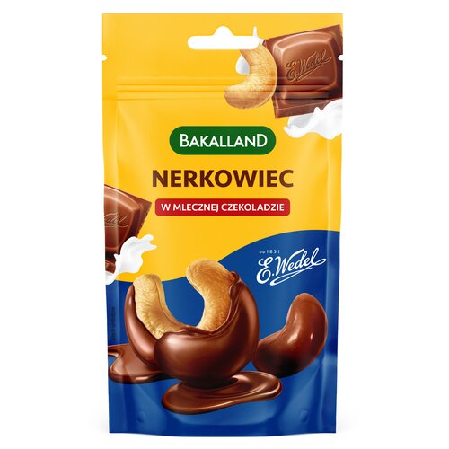 Na zdjęciu znajduje się opakowanie produktu "Nerkowiec w mlecznej czekoladzie" marki Bakalland. Na opakowaniu widoczne są kawałki czekolady, orzechy nerkowca oraz logo "E. Wedel".