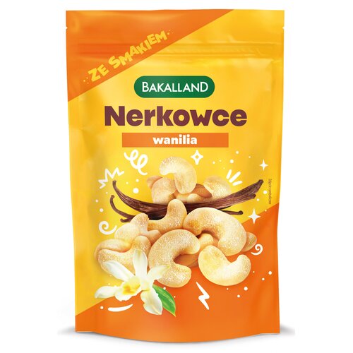 Opakowanie produktu "Orzechy nerkowca prażone BAKALLAND Wanilia (170 g)" w kolorze żółto-pomarańczowym z grafiką orzechów nerkowca, laską wanilii i kwiatem wanilii. Na górze widnieje napis "ZE SMAKIEM", a poniżej logo "BAKALLAND" oraz tekst "Nerkowce wani