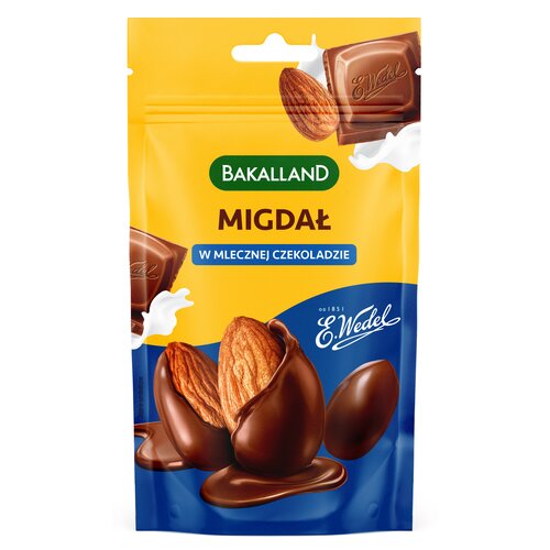 Opakowanie produktu "Migdały w mlecznej czekoladzie" marki Bakalland ma żółto-niebieską kolorystykę. Na opakowaniu widoczne są migdały oblane czekoladą oraz logo "E. Wedel".