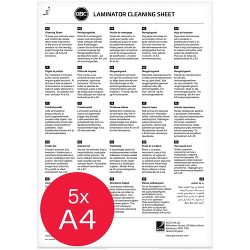 Obraz przedstawia arkusz czyszczący do laminatora z logo "GBC" oraz tytułem "LAMINATOR CLEANING SHEET" na górze. Na arkuszu znajdują się instrukcje czyszczenia w różnych językach, a w dolnej części widnieje czerwone kółko z napisem "5x A4".