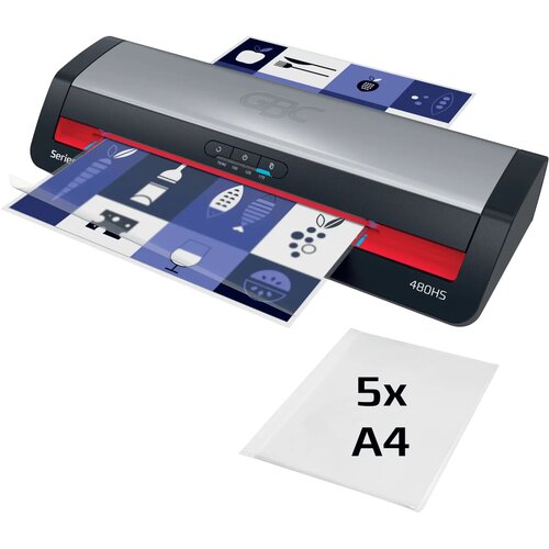 Na zdjęciu znajduje się laminator z włożonym dokumentem o niebiesko-białym wzorze, a obok widoczny jest pakiet pięciu folii laminacyjnych oznaczony jako "5x A4". Na urządzeniu widoczne są przyciski oraz oznaczenie "480HS".