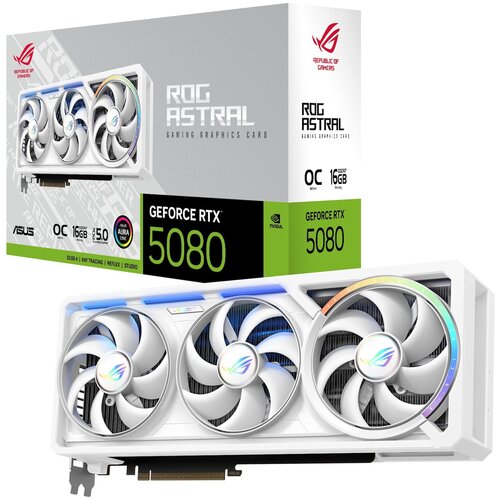 Pudełko i karta graficzna w kolorze białym z trzema wentylatorami, na których widnieje logo producenta. Na pudełku znajdują się napisy: "ROG ASTRAL GAMING GRAPHICS CARD", "OC Edition", "16GB Memory", "DLSS 4", "RAY TRACING", "REFLEX", "STUDIO", "GEFORCE R