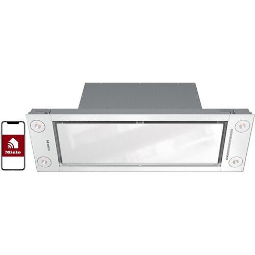 Zdjęcie przedstawia biały okap kuchenny marki Miele z prostokątnym panelem i dwoma okrągłymi przyciskami po bokach. Obok okapu widoczny jest obrazek smartfona z logo Miele na czerwonym tle.