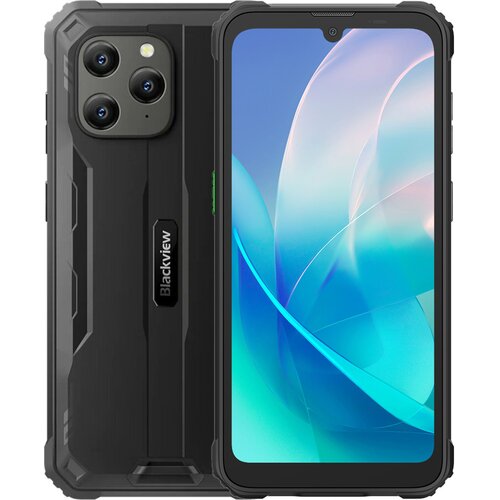 Smartfon Blackview BV5300 Plus 8/128GB 6.1" w kolorze czarnym, z widocznym logo "Blackview" na tylnej obudowie, posiada ekran z abstrakcyjną grafiką w odcieniach niebieskiego i różowego. Na tylnej części urządzenia znajdują się trzy obiektywy aparatu oraz