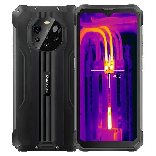 Smartfon z widocznym logo "Blackview" na tylnej obudowie oraz ekranem wyświetlającym obraz termowizyjny z temperaturą 48°C.
