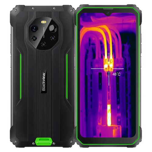 Smartfon z widocznym logo "Blackview" na tylnej obudowie, obok ekran z wyświetlonym obrazem termowizyjnym, na którym widoczna jest temperatura 48°C. Obudowa telefonu jest czarna z zielonymi akcentami.